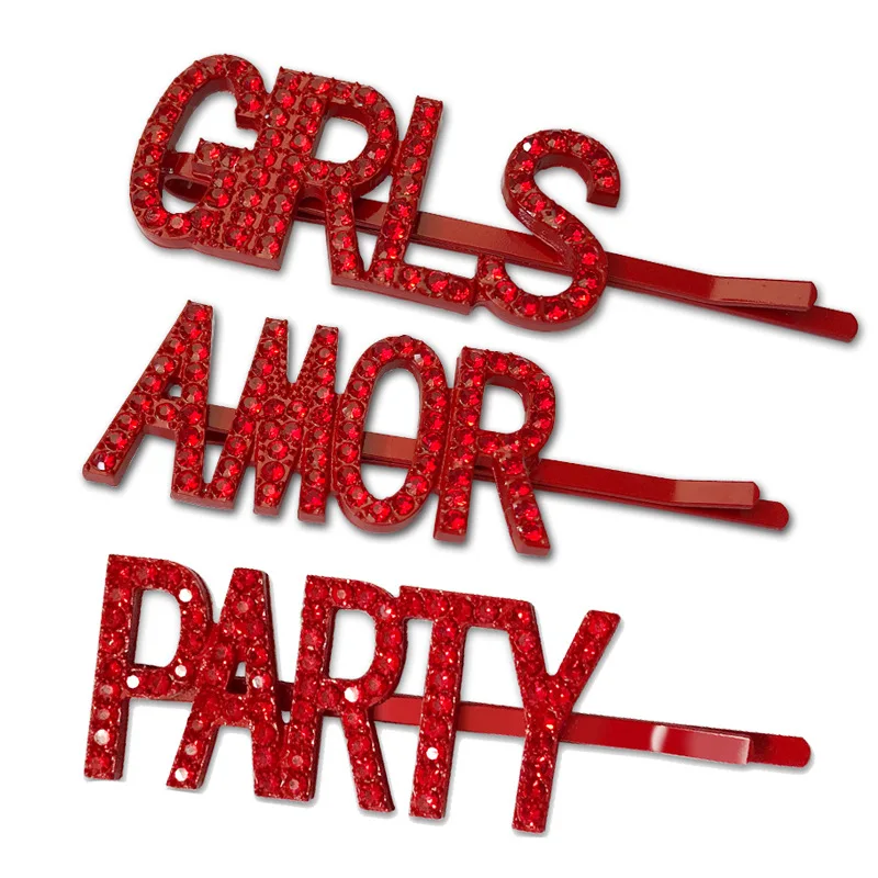 

1PC Fashion Letters Crystal Hairpins Red Rhinestones Hair Clips Metal Barrettes Women Hair Styling Tools Accessories