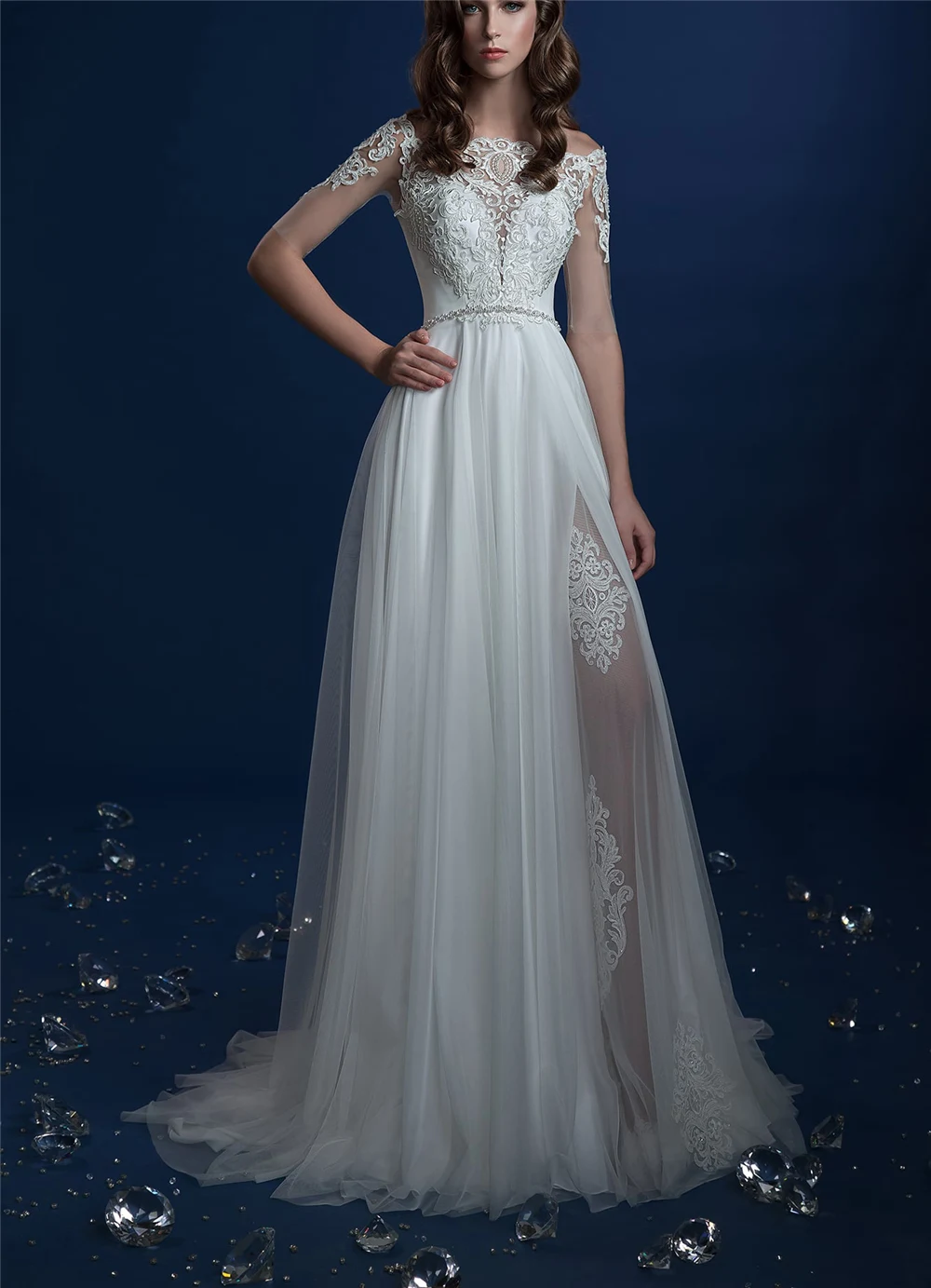 

White Tulle Vestido Novia Corto Half Sleeves Off The Shoulder Lace Appliques Front Splited Sweep Train indian wedding dress