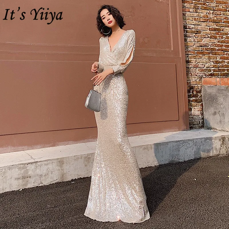 

It's YiiYa Formal Dress Long Sleeve Sequined Floor-Length Robe De Soiree K063 V-Neck High-waist Evening Dresses for Women