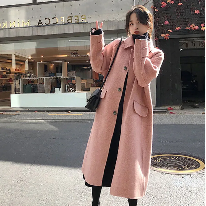 

LANMREM 2020 Winter New Woolen Coats Women Long Sleeve Wool&blends Long Single-breasted Solid Color Wool Coat Female Outwear