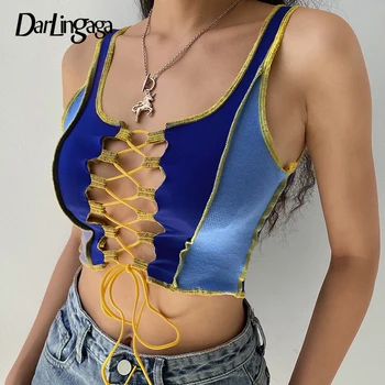 

Darlingaga Streetwear Stripe Spliced Summer Tank Top Women Lace Up Bandage Summer Top Vest Contrast Color Festival Sexy Crop Top