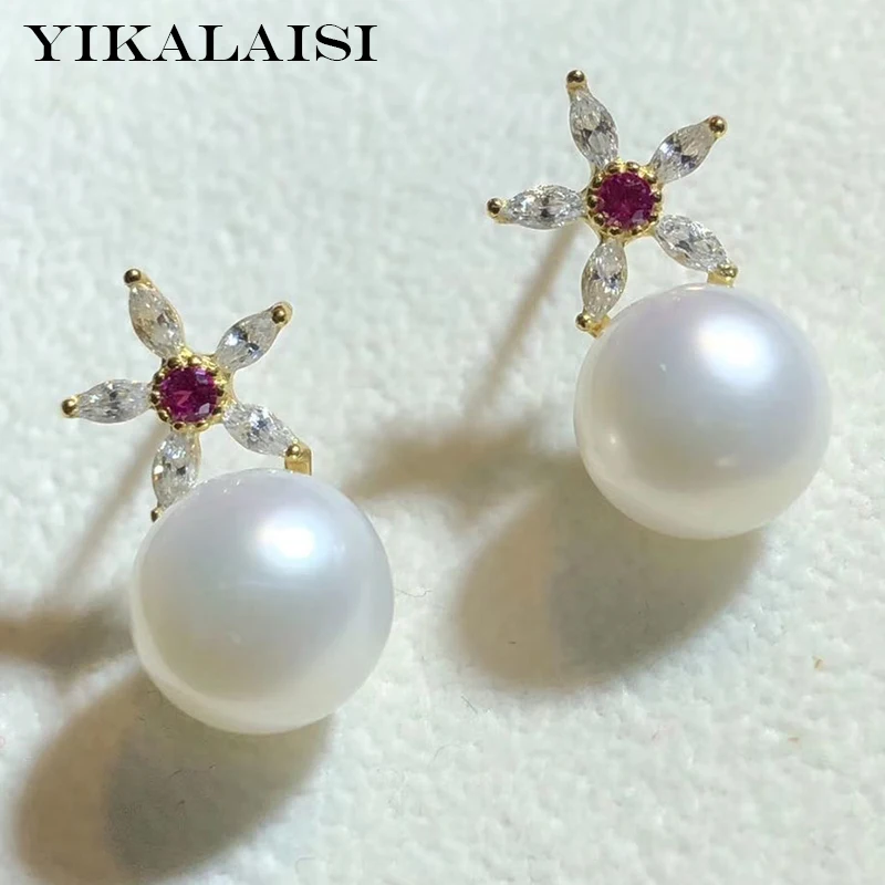 gold-white pearl YIKALAISI, 925 пробы, серебряные ювелирные изделия, жемчужные серьги,, ювелирные изделия из натурального жемчуга, 7-8 мм, серьги-гвоздики для женщин - Цвет камня: gold-white pearl