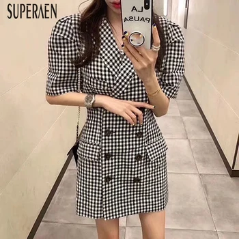 

SuperAen Korean Style 2020 Summer New Women Dress Short Sleeve Cotton Ladies Dress Fashion Double-breasted Puff Sleeve Dresses