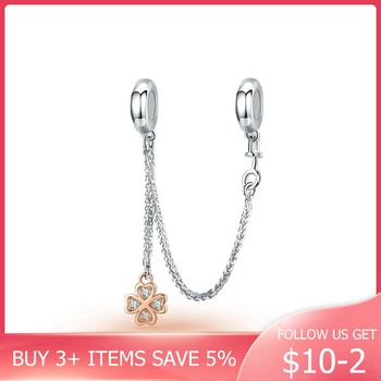 

Four Leaf Clover Safety Chain Charm with Silicone for Women Bracelets 925 Sterling Silver Rose Gold Color Jewelry CMC1261