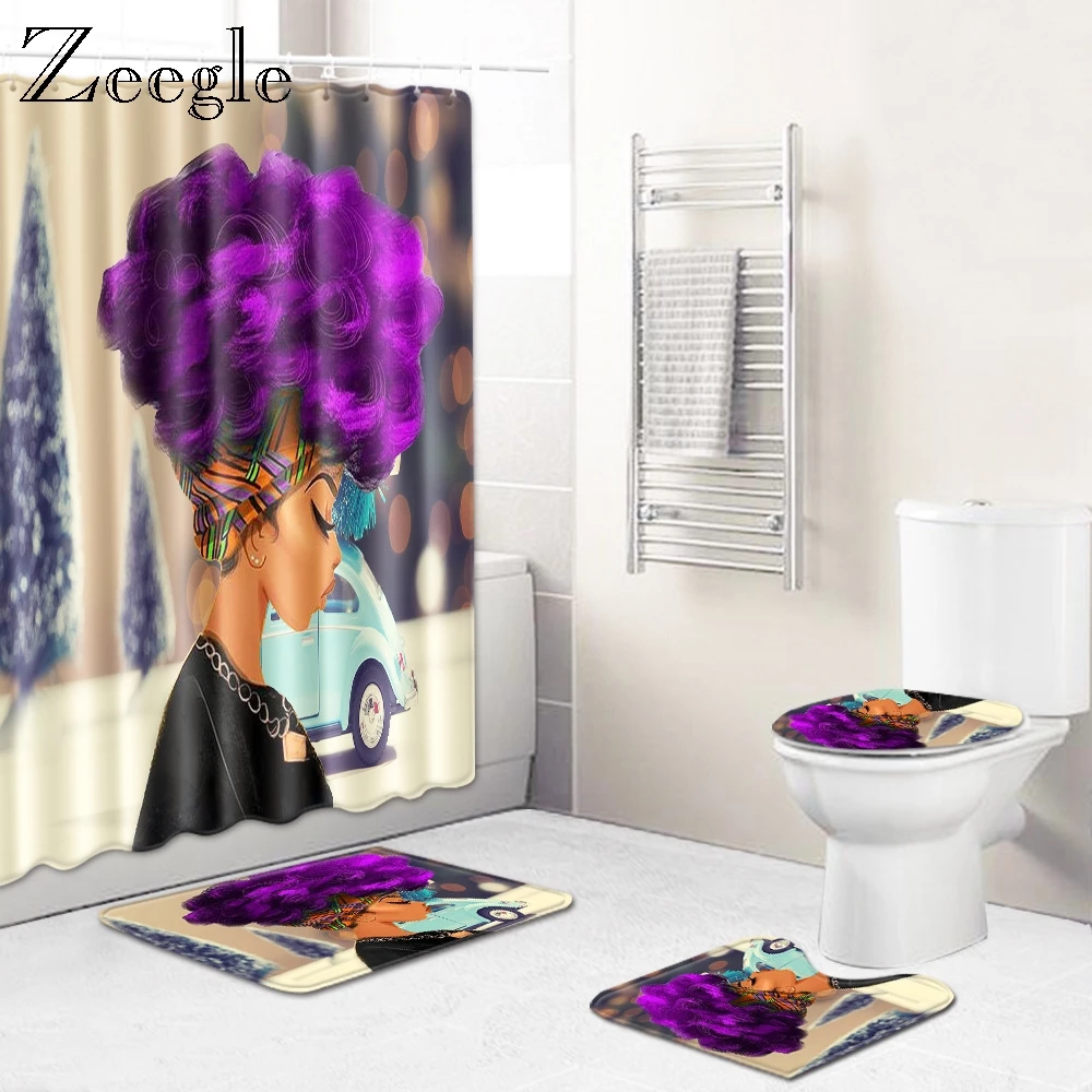 Zeegle Home Decoration Bath Mat Set Printed Cartoon Bathmat Toilet Shower Curtain Non-slip Bathroom Foot Rug Modern Creative Rug