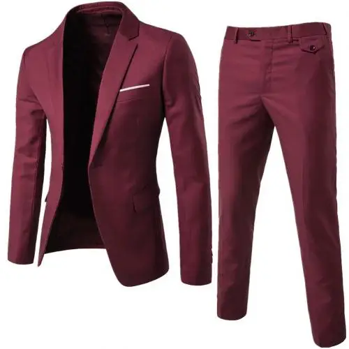 Wine Red Новые мужские деловые однокнопочные плотные цветные штаны-скинни Формальные плоские костюмы из двух предметов для мужчин с брюками Костюм жениха - Цвет: Wine Red