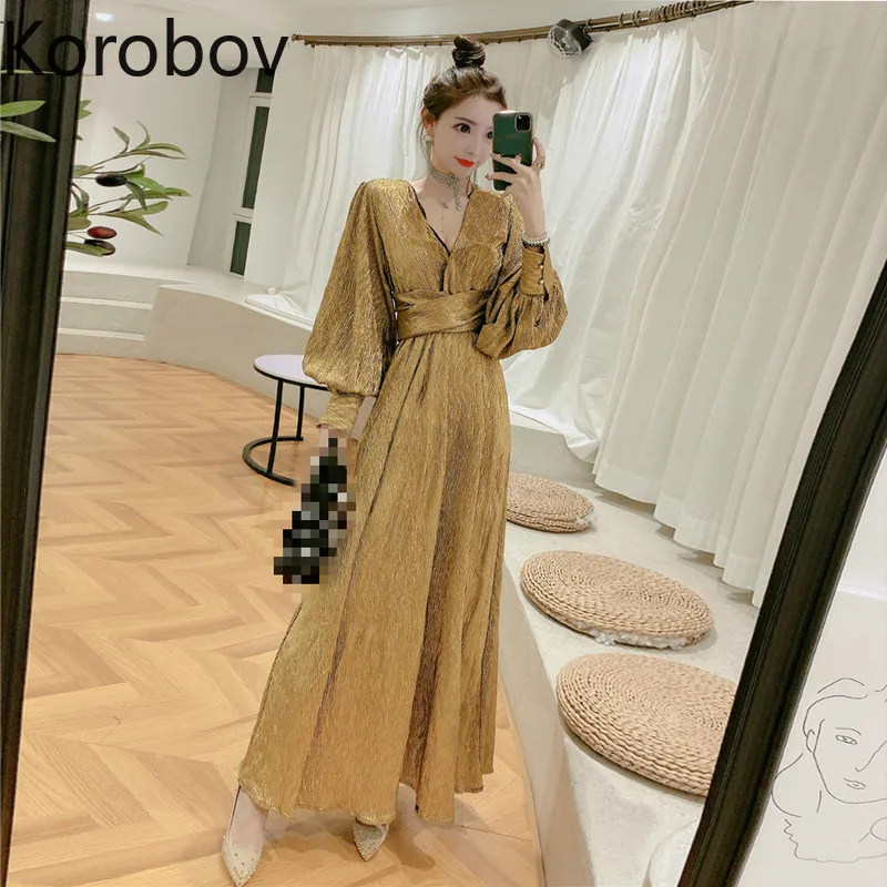 

Korobov 2020 Spring New Women Dress Korean Slim V Neck A-Line Sexy Dresses Party Night Bling Long Sleeve Vestidos