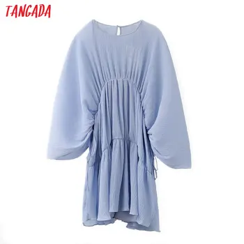 

Tangada fashion women solid blue pleated loose dress long sleeve strethy waist ladies casual mini dress vestidos JE65