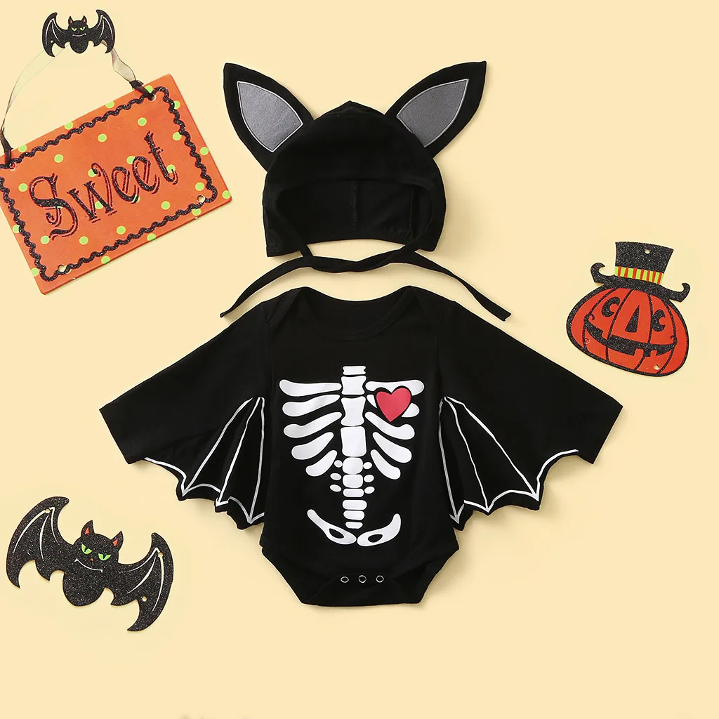 Newborn Baby Boys Girls Clothes Halloween Cosplay Costume Romper+Hat Long Sleeves Black Cartoon Skull Jumpsuit 3-18M