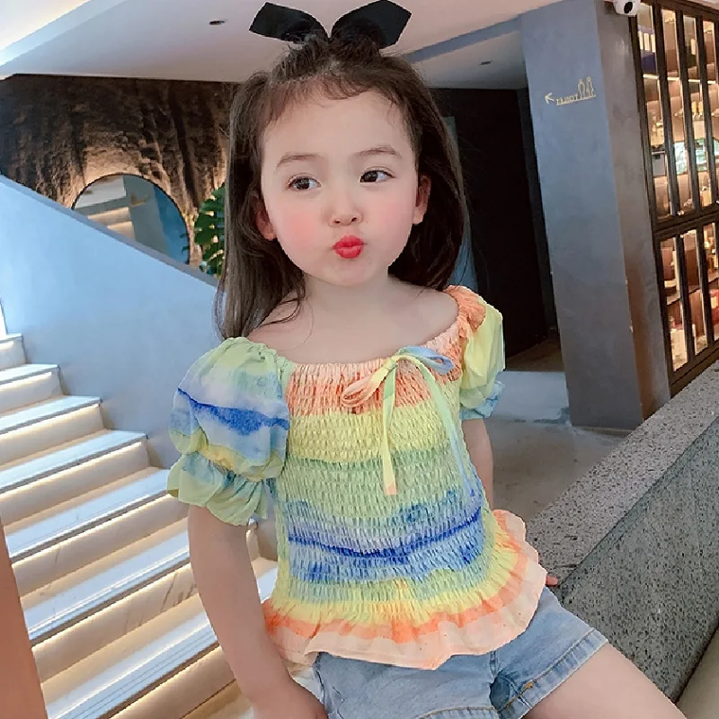 Rainbow Girls Blouses Top Summer Sweet shirt 1-6T Cute Princess Tight Puff Sleeve Fashion Blouse Fille | Мать и ребенок