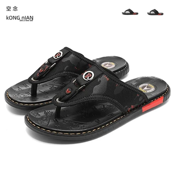 

2020 Brand New Men Flip Flops Genuine Leather Slippers Summer Fashion Beach slippers For Men Big Size 45 daily outdoor slippers