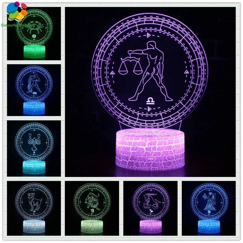 

Twelve Constellation Libra lyra Taurus Cancer 3D LED Crack Night Light 7 Colors Changing Lamp 3AA Battery Powered USB Gift 2