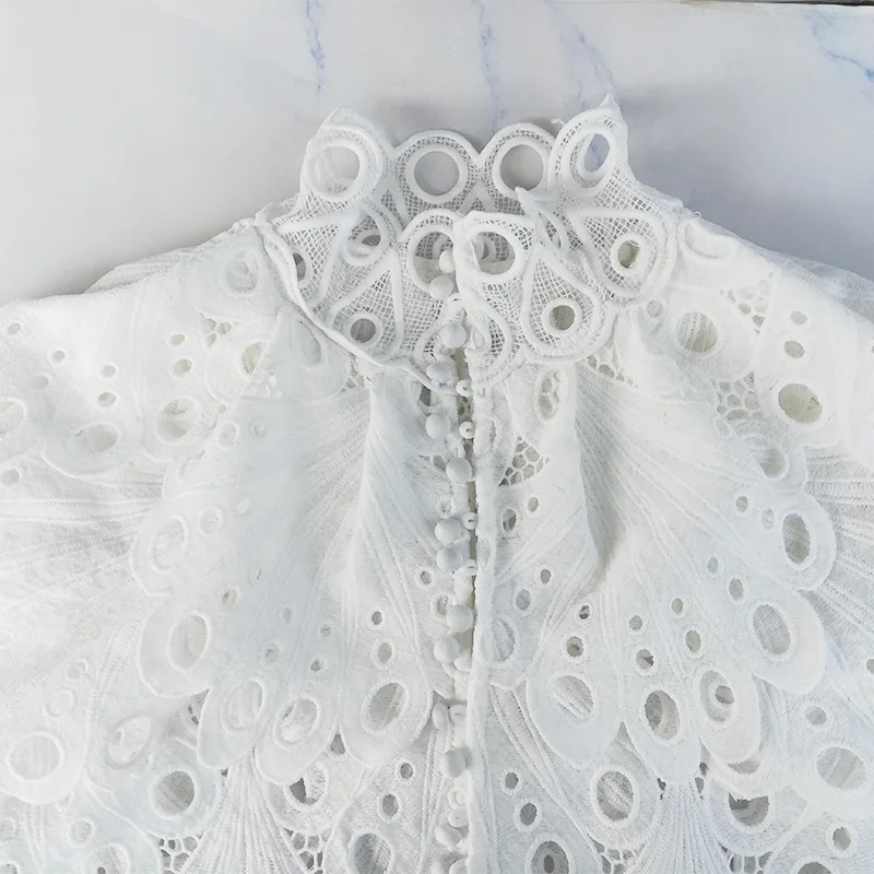 Высокое качество, белое длинное платье с вышивкой, весна, женское однобортное платье с высоким воротником и длинным рукавом-фонариком, макси платье