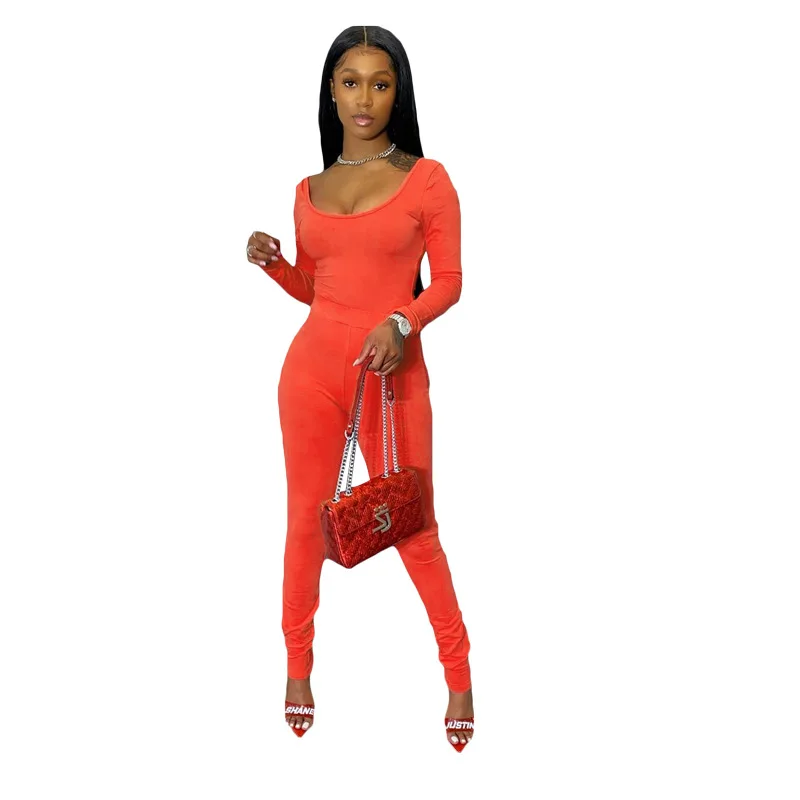 

2020 Autumn Women's Suit Simple Style Solid Color Sexy Round Neck Athletic T-shirt Pencil Pants Casual Two-Piece Set