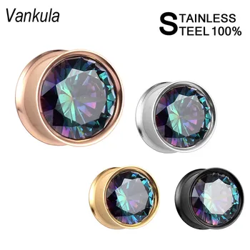 

Vankula new double flared ear plug tunnel stainless steel screw back colorful zirconia ear gauges expander piercing jewelry