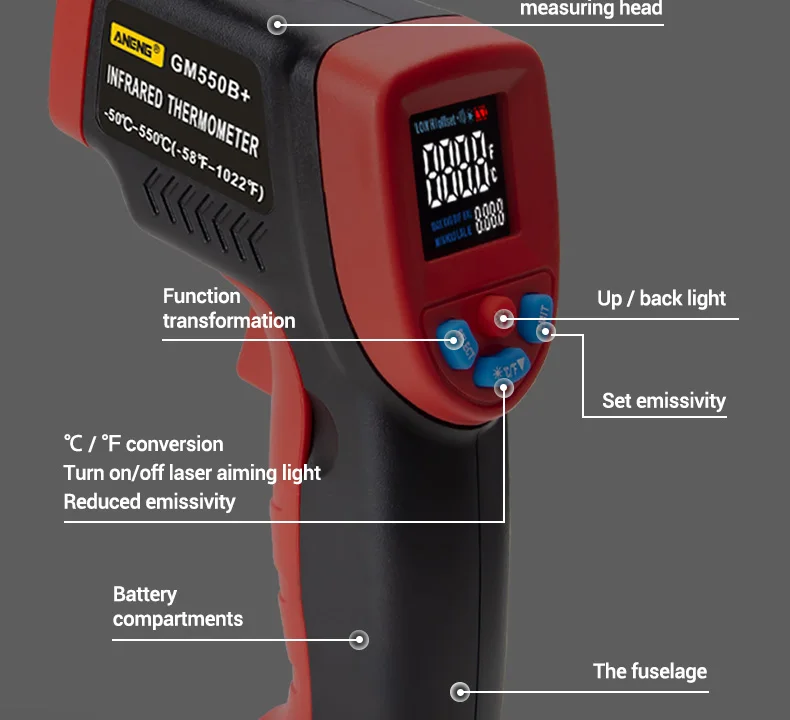 ANENG GM550B+ цифровой инфракрасный термометр, гигрометр, метеостанция, измеритель температуры, измеритель влажности, лазерный термометр