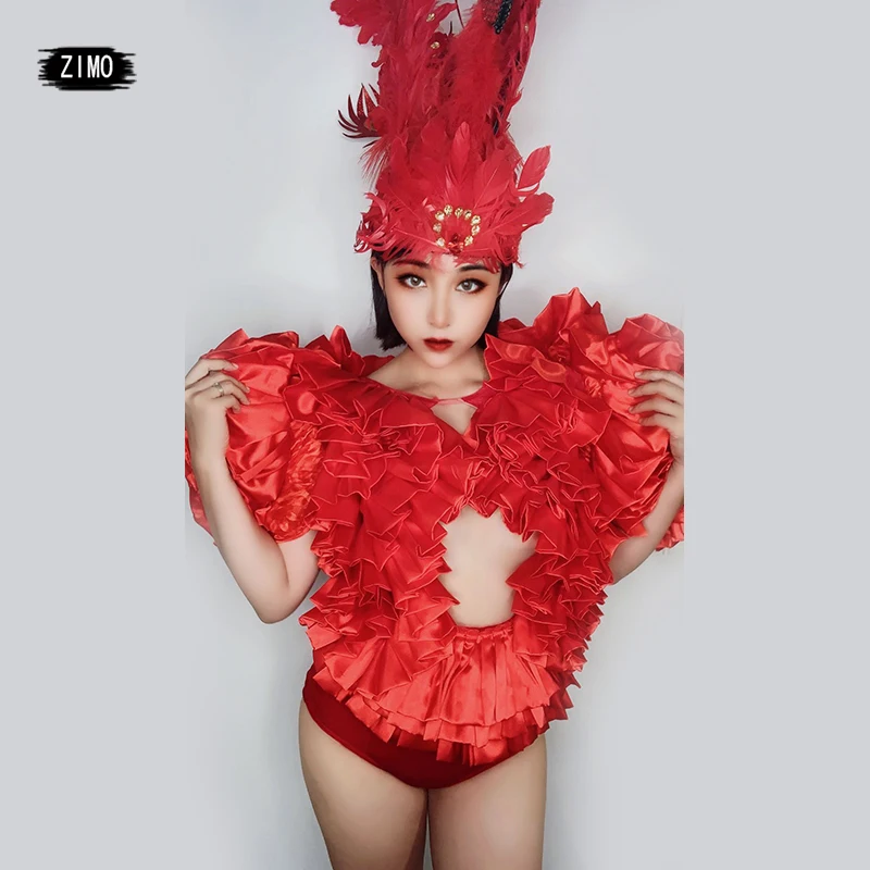 

New Style Red Velvet Hollow Bodysuit Cap Prom Feather Headdress Evening Women Dancer Show stage Outfit drag queen costumes rave