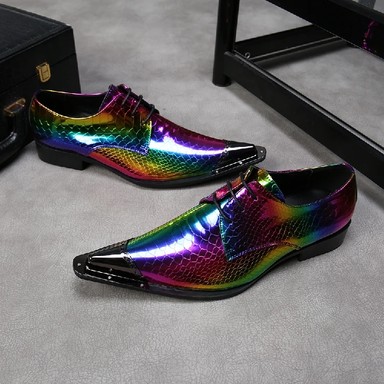 Men Formal Shoes Men Oxford Rainbow Dress Shoes Fashion Business Men Shoes Metal Pointed Toe Wedding Shoes 2