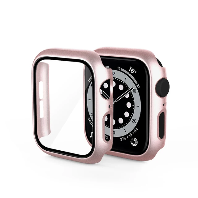 Glass+Case for iWatch Case Cover for Apple Watch Case 45/41mm 44mm 42mm 40mm 38mm Series 7 6 5 4 3 2 1 SE Protector Accessories Rose Gold