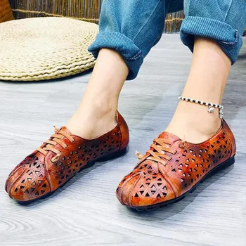 

YourSeason Female Hollow Out Genuine Leather Shoes Flat With Handmade Women Casual Retro Shallow Sandals Summer 2020 New