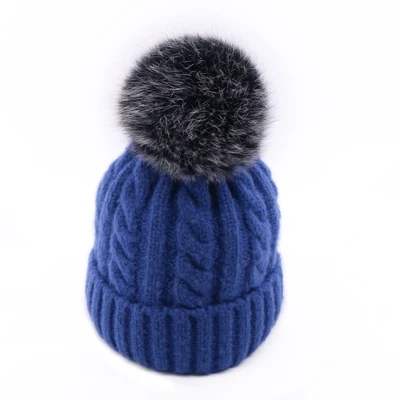 Blue 1 - Fox Fur Зимняя женская вязаная шапка Skullies Женская бини шапки с настоящим помпон из лисьего меха роскошный Gorro; теплый лыжный головной убор для девочек ярких цветов - Цвет: Blue 1 - Fox Fur