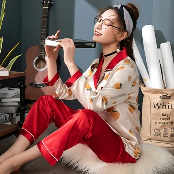

Women Pajamas Faux Silk Sleepwear Satin Pajamas Set Fruit Flower Print Long Sleeves 2 Piece Autumn Winter Homewear Pijamas Suit