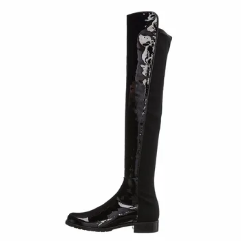 

Black Leather Shiny Patent Patchwork Flat Over Knee Boots Woman Boots Round Toe Luxury Brand Warm Fashion High Quality 2020 New