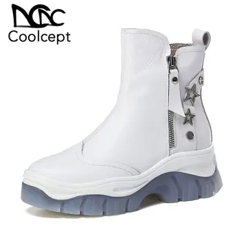 

CoolCept Genuine Leather Ankle Boots For Women Thick Sole Zipper Leisure Shoes Ins Hot High Top Sneakers Women Size 34-39