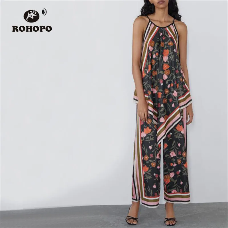 

ROHOPO Woman Floral Side Striped Vintage Wide Leg Pant Iris flower Retro Full Length Trousers #2373