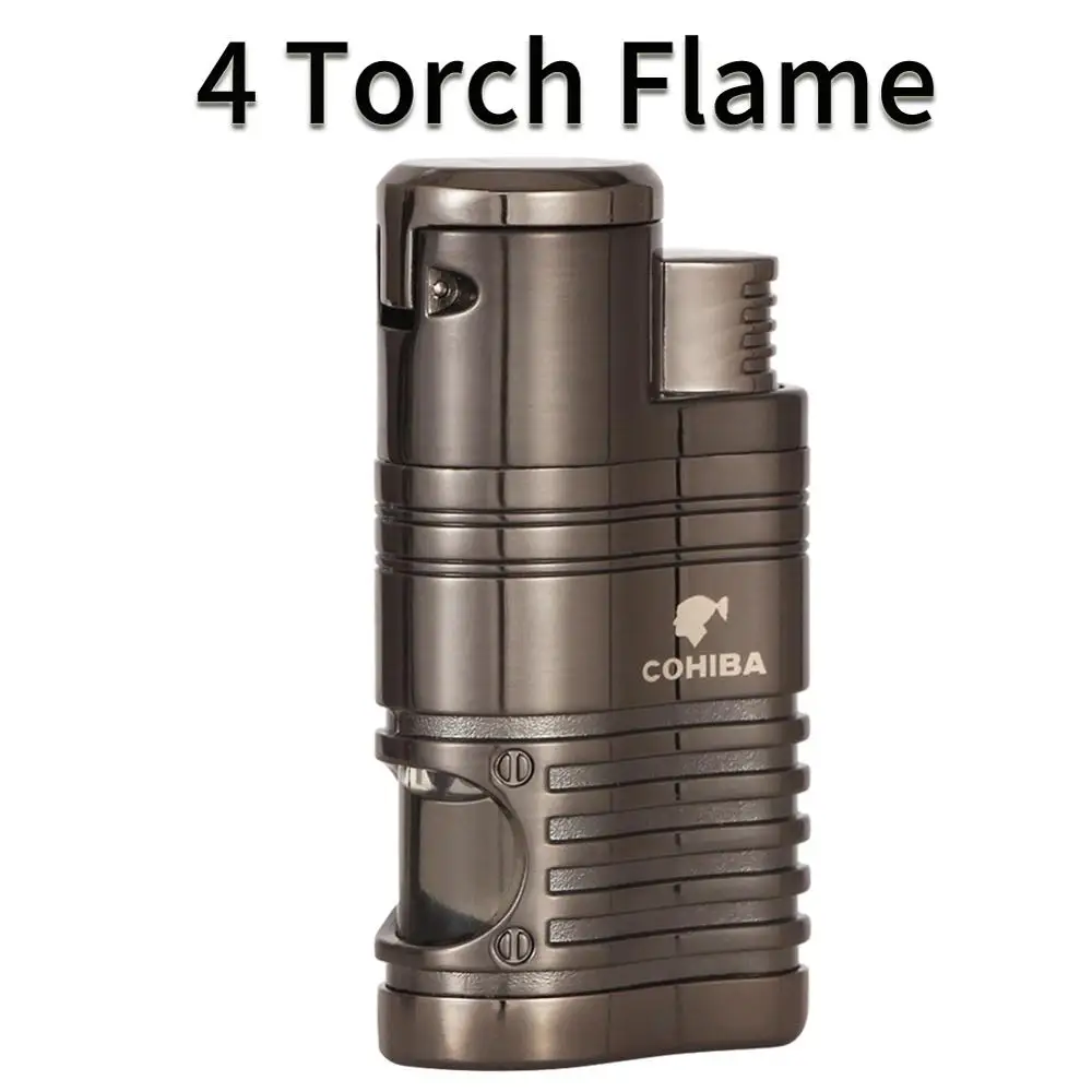Gun Gray 4 Flame COHIBA карманные зажигалки, портативные металлические ветрозащитные 4 синих пламени, огонь, струйный фонарь, сигарета, зажигалка, курительная, Encededor, газовая - Цвет: Gun Gray 4 Flame