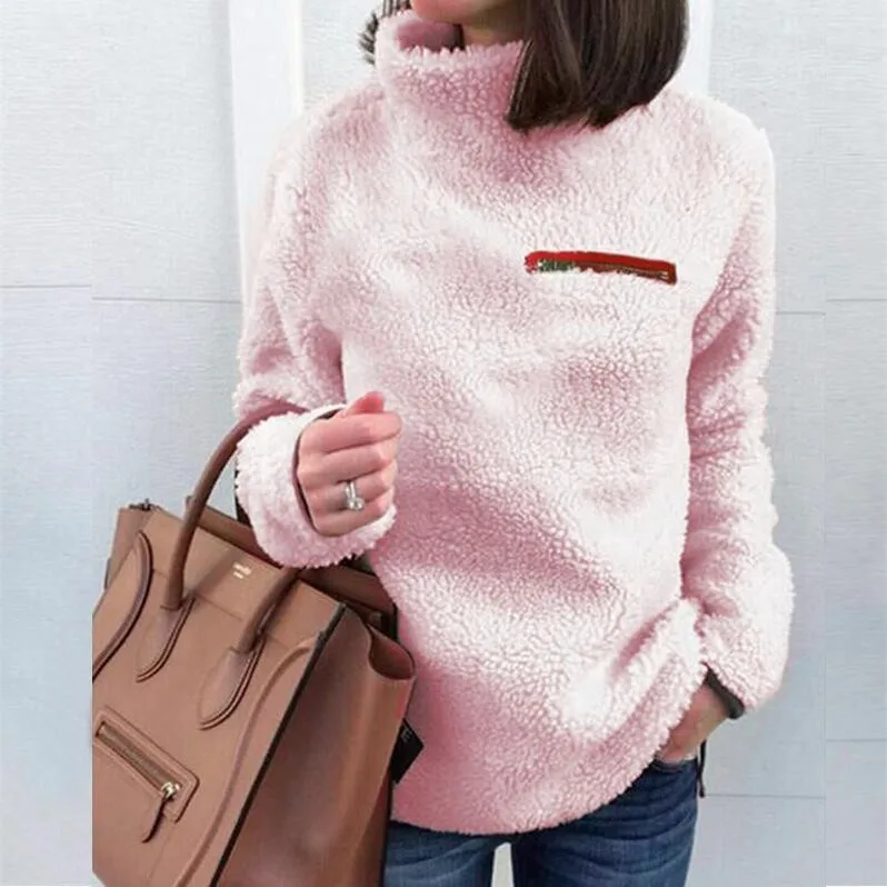 Fashion Warm Winter Long Sleeve Sweater Women Zipper High Collar Pullover Turtleneck Knitted Sweaters Women's Clothing Plus Size - Цвет: Розовый