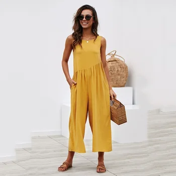 

Women Summer Backless Jumpsuit Casual Loose Solid Color Wide Leg Pant Plus Size Fashion Pocket Pleated Party Beach Long Rompers
