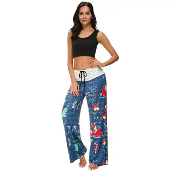 

Women Christmas Floral Print Drawstring Yoga Sport Pants Loose Wide Leg Trousers Women's Trendy stitching casual sports Pants