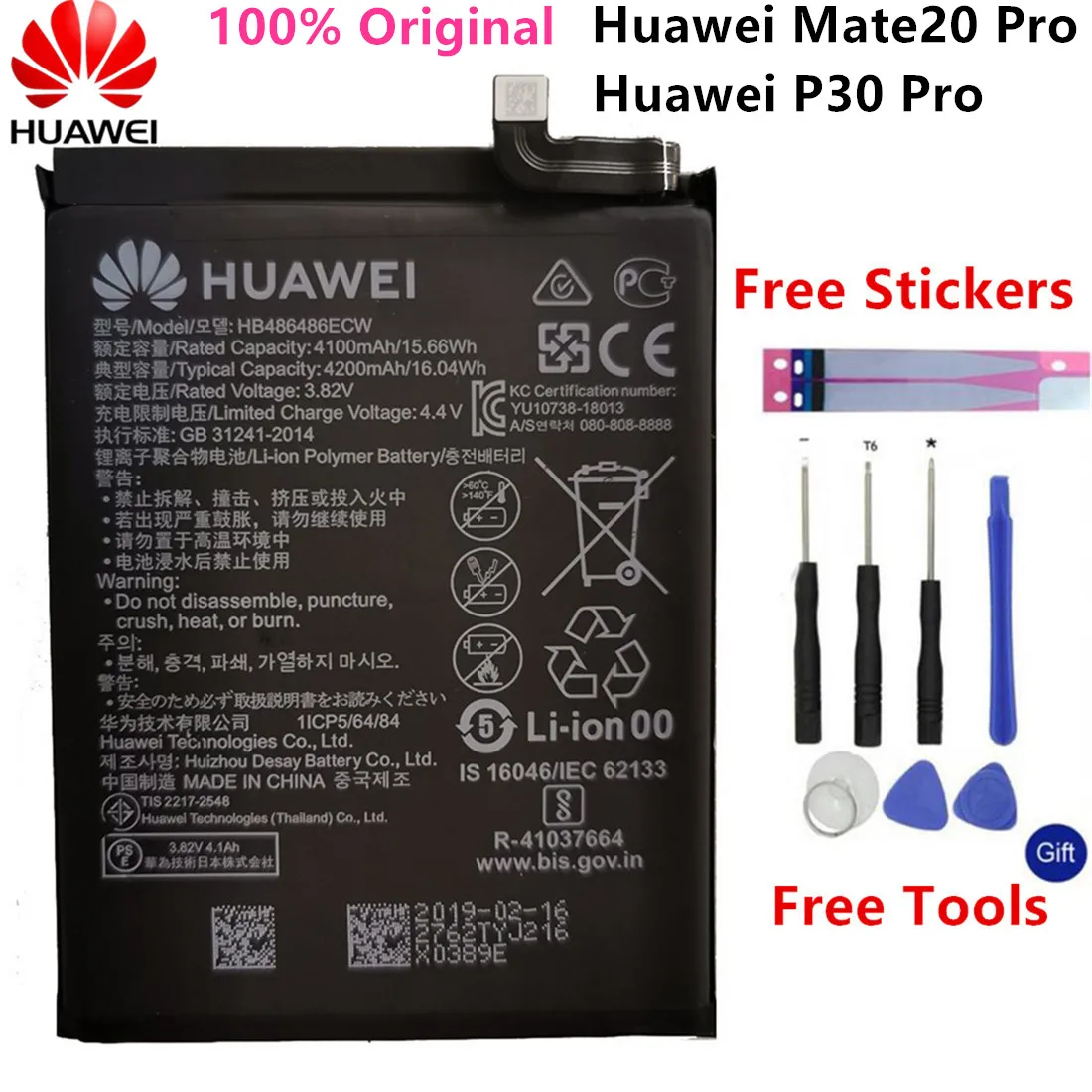 

Original Replacement Battery HB486486ECW For Huawei Huawei P30 Pro Mate20 Pro Mate 20 Pro Genuine Phone Battery 4200mAh+Tools