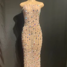 Женское Сетчатое длинное платье с блестящими кристаллами, вечерние платья, стразы, платья для дня рождения, праздничный костюм, платье