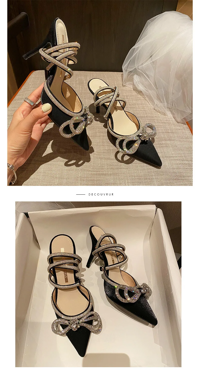 Fashion Style Glitter Rhinestones Women Pumps Crystal Bow 8 Cm Summer Lady Shoes Genuine Leather High Heels Party Prom Shoes