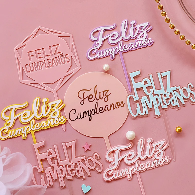 Feliz Cumpleanos Decoration De Gateau Joyeux Anniversaire En Acrylique Couleur Bonbon Espanol En Espagnol Pour Fete Fournitures De Patisserie Aliexpress