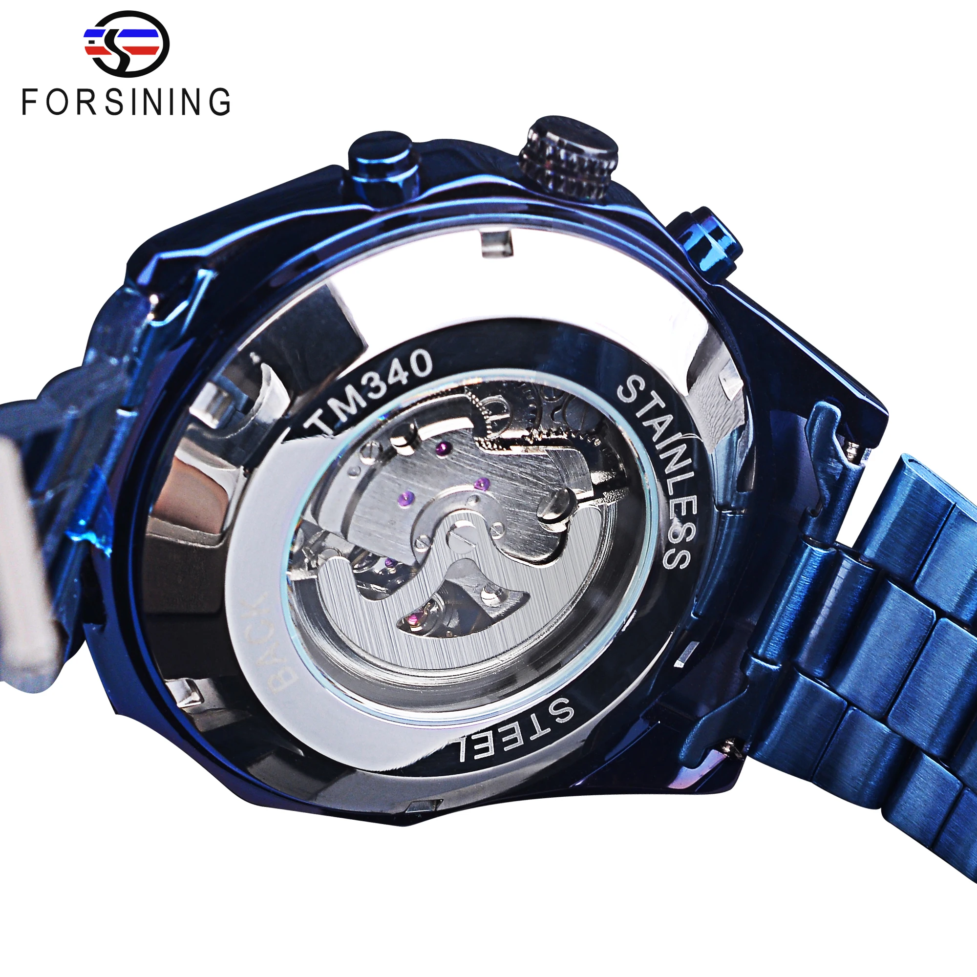 Forsining Mechanical Men's Wristwatch Skeleton Hollow Automatic Watch 3Bar Stainless Steel Men Watches Blue Fashion Reloj Hombre mechanical watch