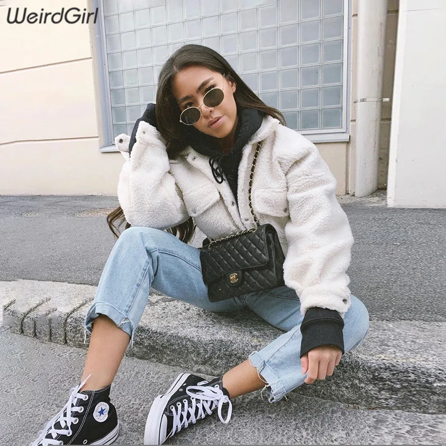 Weirdgirl, Женское пальто из искусственного меха, модное, длинный рукав, толстый, теплый, Осень-зима, короткая куртка, спереди, одежда с карманом, уличная одежда