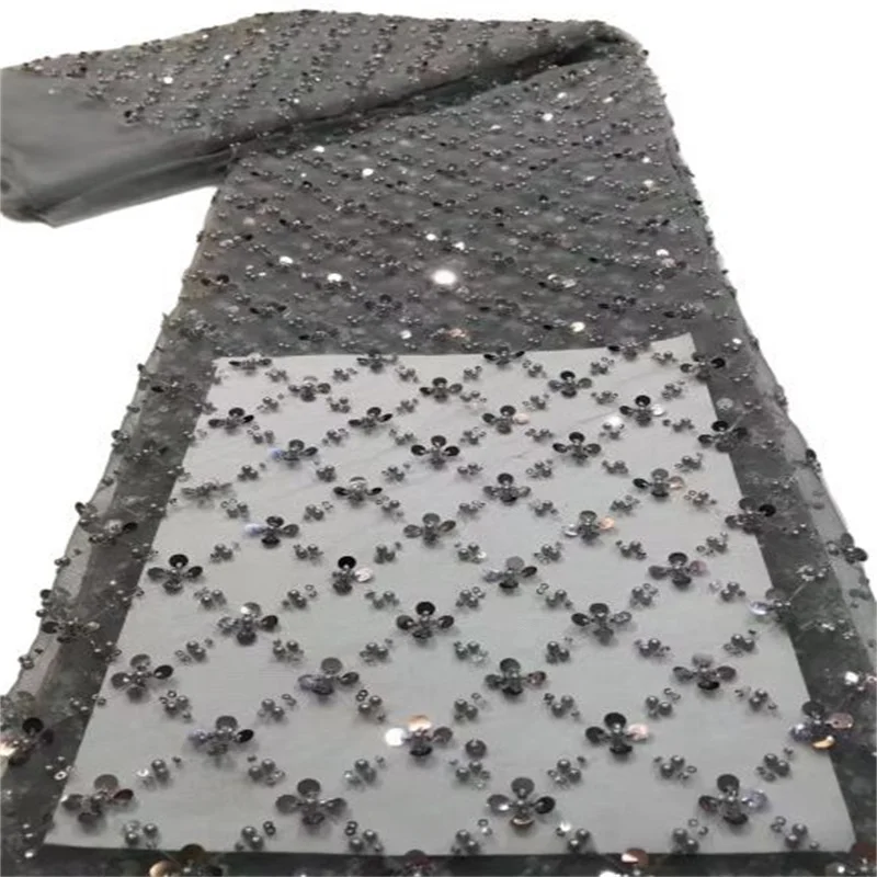 

(5yards/pc) Elegant embroidered French net lace lilac purple tulle lace fabric with beads sequins African wedding lace