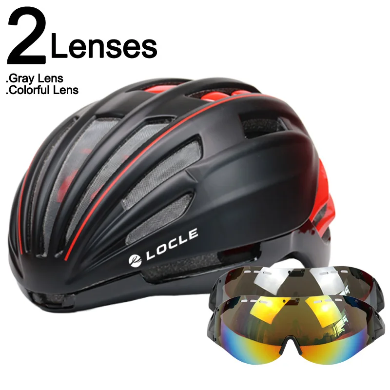 LOCLE Goggles велосипедный шлем двухслойный дорожный горный велосипедный шлем с линзой ультралегкий Casco Ciclismo велосипедный шлем 55-61 см - Цвет: Black Red 2 Lenses