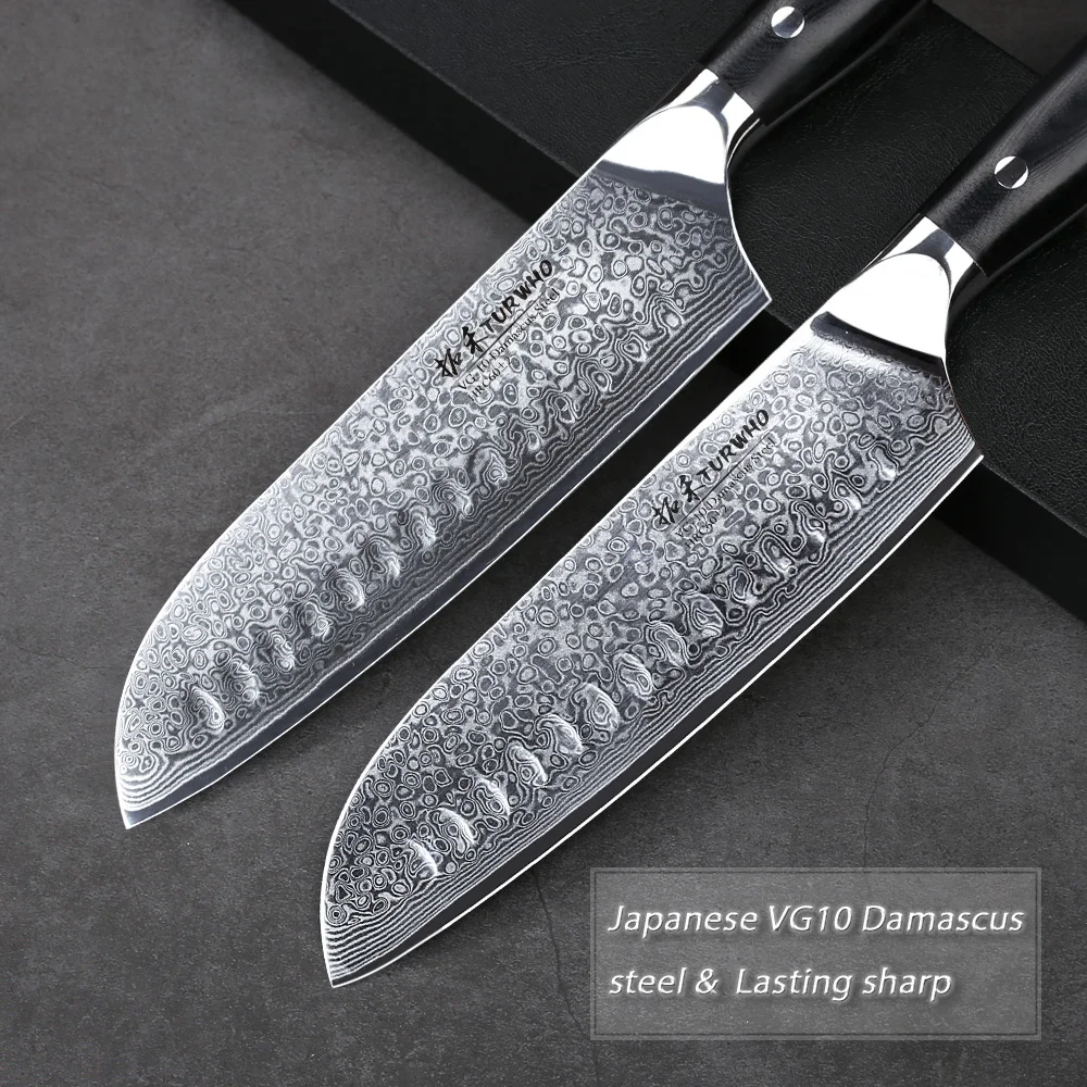 TURWHO 7 дюймов Кухонные ножи santoku 67 слоев дамасской стали шеф-повара нож для мяса фрукты овощи G10 Ручка