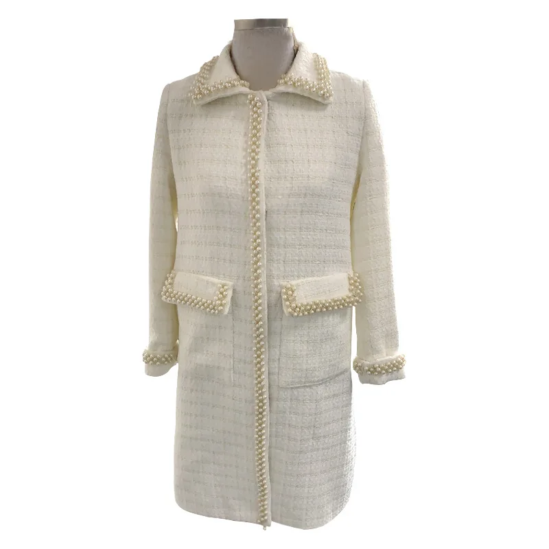 

Brand fashion women's high-end luxury winter elegant lady temperament Hepburn style vintage pearl tweed woolen coat