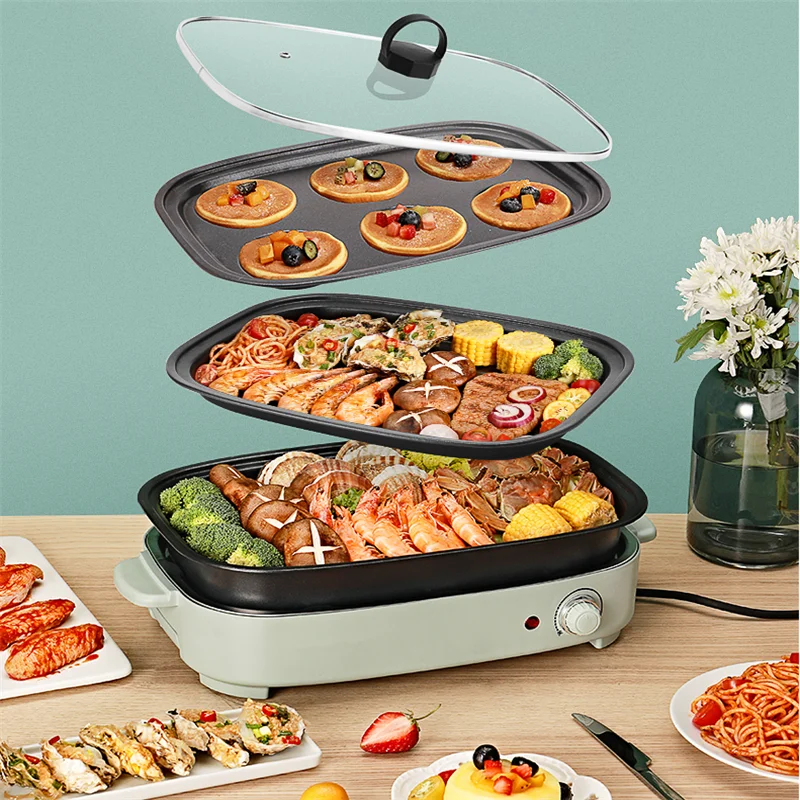 220V Electric Hot Pot Cooker Household Multifunctional Electric Hotpot Cake Baker Furnace Barbecue Grill With 3 Plates 3000w touch sensor control ceramic electric furnace with 2 burners