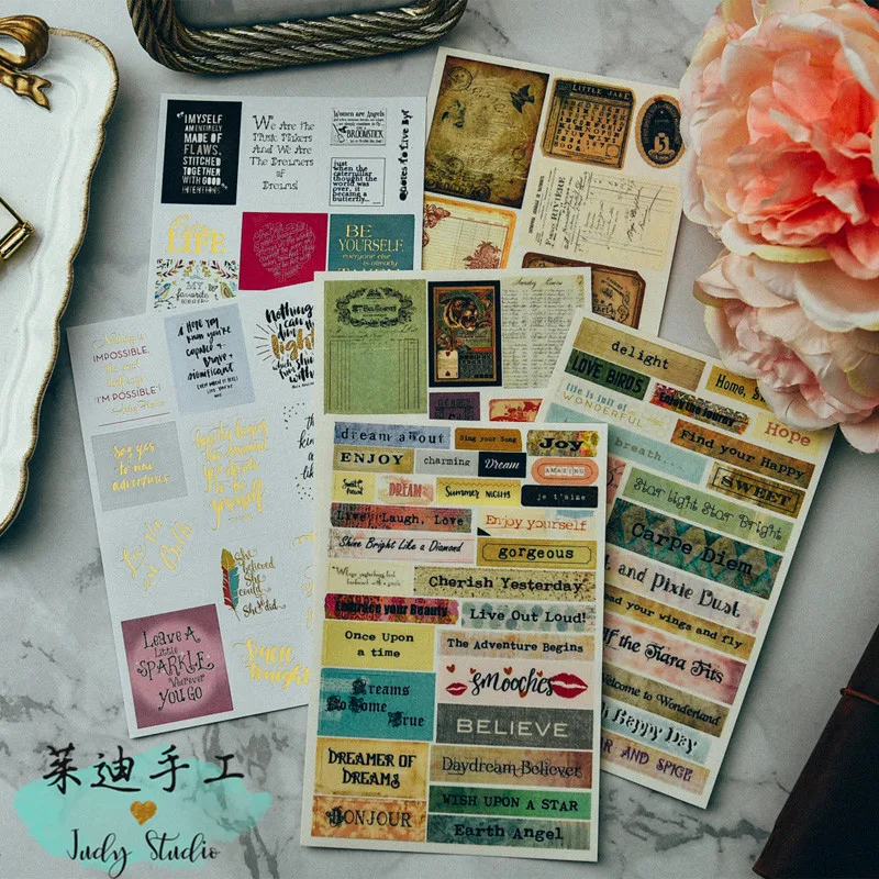 

6 pcs\set bronzing vintage love letter\ticket\label\print\feather\love eceipt\tickets sulfuric acid paper decorative stickers