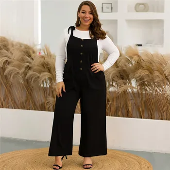 

Women Plus Size Button Shoulder Straps Panel Wide Leg Jumpsuit Casual Solid Double Pocket Sleeveless Floor Length Jumpsuit O11
