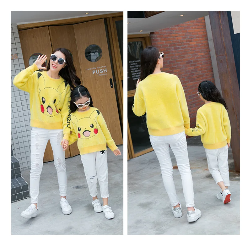 Cartoon Pikachu Family Sweater Winter Mommy Daughter Clothes Pajamas Family Matching Outfits New Mother Daughter Family Outfits