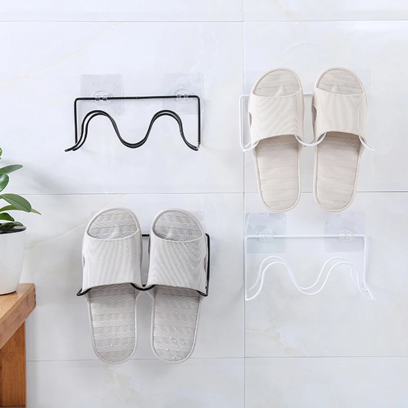 

Double Layer Shoes Rack Wall Mount Slippers Hanging Shelf Slipper Storage Organizer with Non-trace Stick Wall Mount Slippers