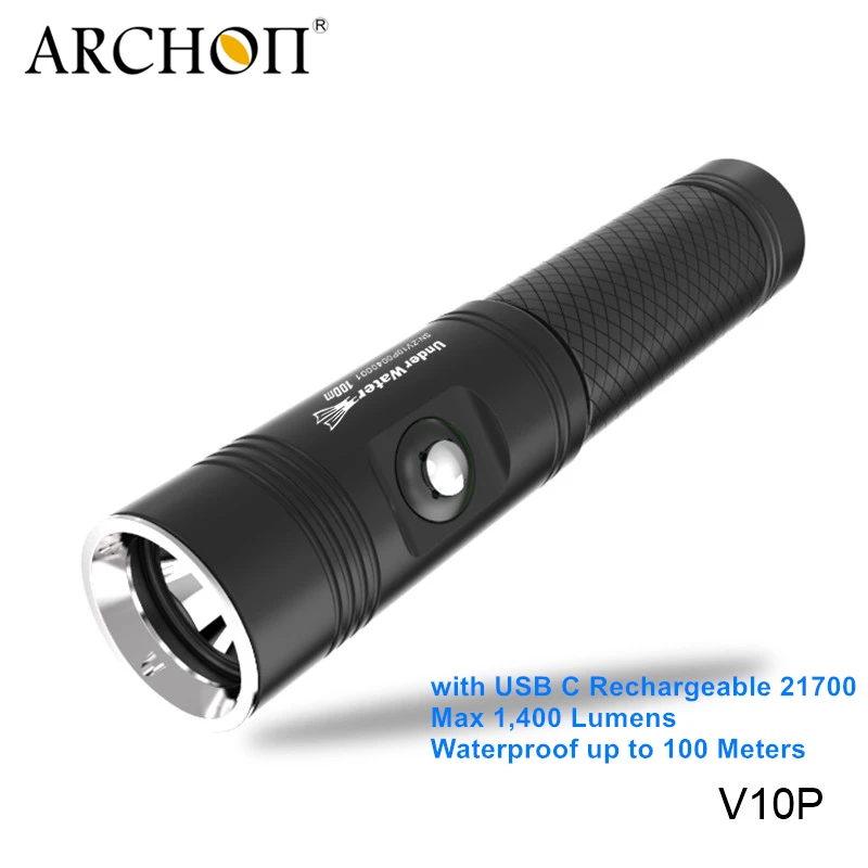 Archon V10P Cree LED 100 Meters Underwater Flashlight Scuba Diving Torch Light with 5100mAh Type C USB Charging 21700 Battery