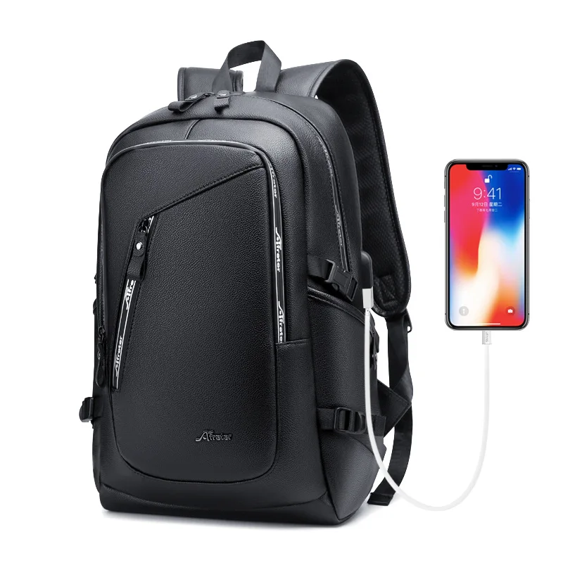 

Waterproof anti-theft PU backpack USB charging external headphone hole student bag Large capacity multi-function male laptop bag